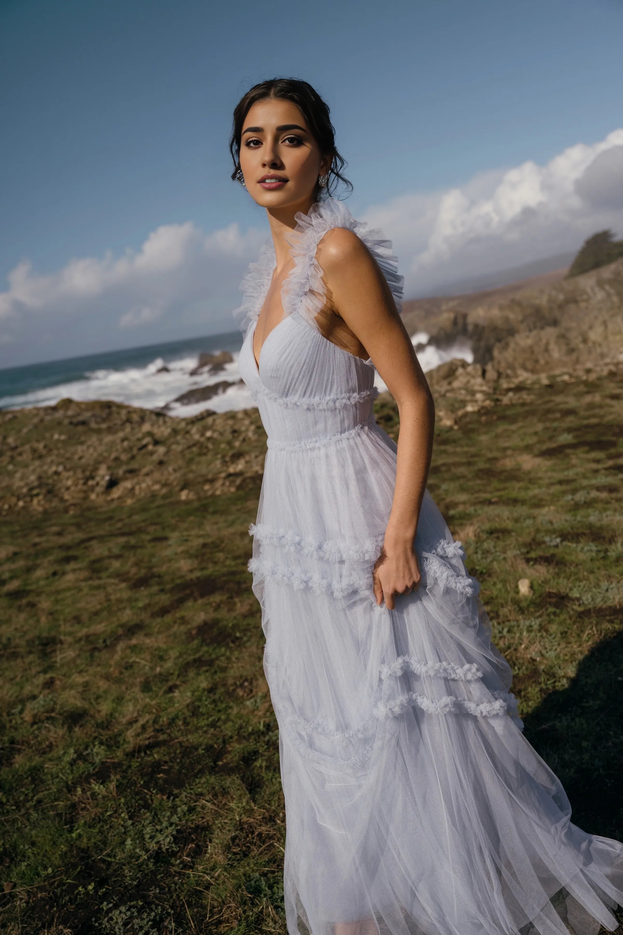 Robe Weitese en tulle élégante, décolleté en cœur, sans manches, robe de demoiselle d'honneur, bretelles à volants, coupe trapèze, longueur au sol, fermeture éclair dans le dos